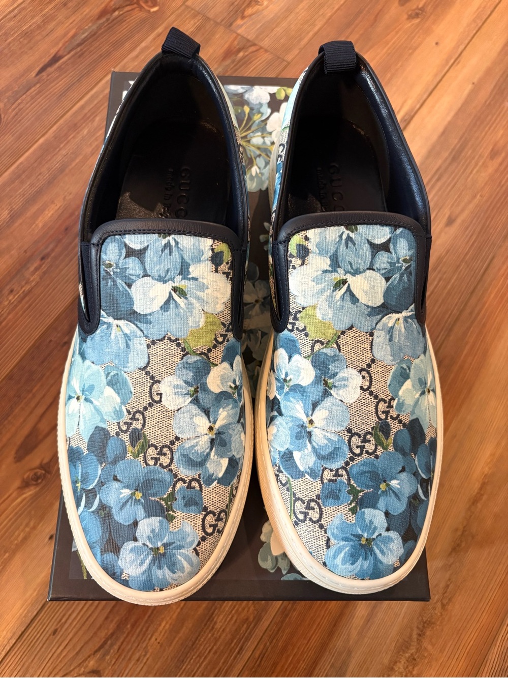 Gucci Blue Floral Slip-On Sneakers with Black Trim